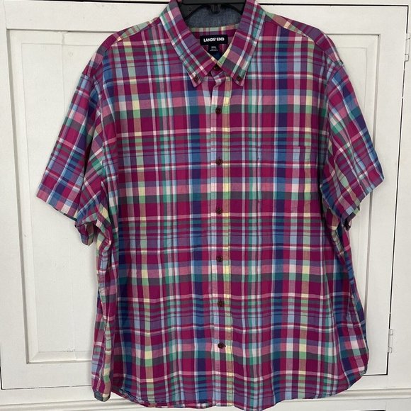 Lands End Short Sleeve Button Down Shirt Mens XXL Plaid casual Traditional Fit - Picture 2 of 5